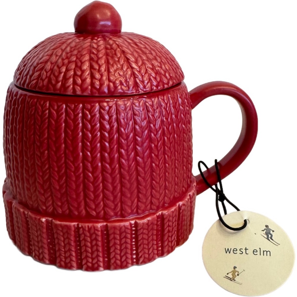 West Elm Red Stoneware Knit Ski Cap Hat Hot Chocolate Mug w/ Lid New w/ Tag